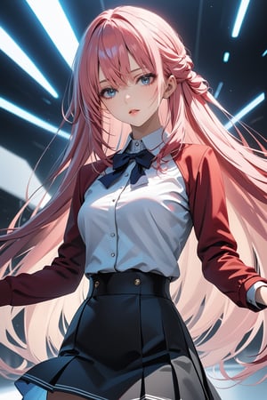 masterpiece, best quality, 8k, 8k UHD, ultra-high resolution, ultra-high definition, highres, cinematic lighting
,//Character, 
1girl, solo, honami ichinose, 1girl, long hair, blue eyes, pink hair, bangs, very long hair, hair between eyes
,//Fashion, 
white shirt, red jacket, bowtie, pleated_skirt
,//Background, 
,//Others, ,Expressiveh