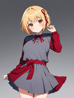 //Quality,
(masterpiece, top quality, best quality, highres, extremely detailed CG, 8k:1.2)
,//Character,
1girl, solo, nishikigi chisato, bob cut
,//Fashion,
hair ribbon, lycoris uniform, two-tone dress, red dress, grey dress, neck ribbon, long sleeves
,//Background,
,//Others,
,nishikigi chisato