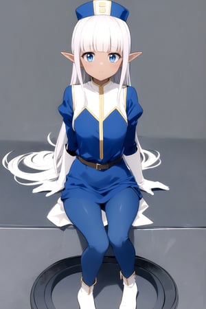 masterpiece, best quality
,//Character,
1girl, solo
,//Fashion, 
,//Background,
white_background, simple_background, blank_background
,//Others,
,Karla (kono healer mendokusai), white_hair, dark skin, dark-skinned female, blue headwear, leather_belt, blue_pants, tunic, blue_tunic, stole, blue_sleeves, white_gloves, blue_eyes, elf_ears, straight_hair, hime_cut, and blunt_bangs