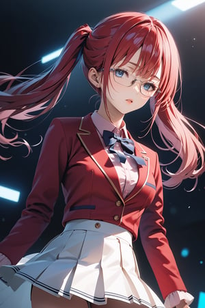 masterpiece, best quality, 8k, 8k UHD, ultra-high resolution, ultra-high definition, highres, cinematic lighting
,//Character, 
1girl, solo, airi sakura, glasses, very long hair, blue eyes, twintails, red hair, low twintails, pink hairwhite shirt, red jacket, bowtie, pleated_skirt
,//Fashion, 
,//Background, 
,//Others, ,Expressiveh