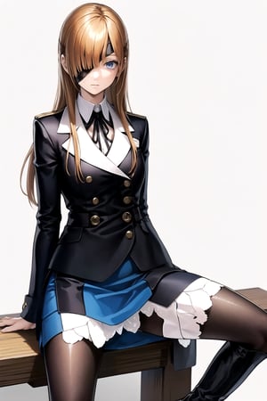 //Quality,
masterpiece, best quality
,//Character,
1girl, solo
,//Fashion, 
,//Background,
white_background
,//Others,
,spread legs
,Ophelia, long hair, blue eyes, skirt, brown hair, shirt, long sleeves, ribbon, jacket, white shirt, pantyhose, boots, collared shirt, blue skirt, black jacket, black pantyhose, black ribbon, neck ribbon, brown footwear, eyepatch, knee boots