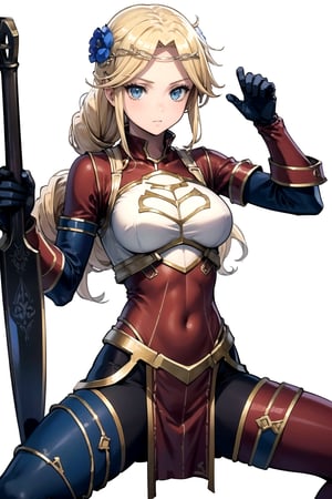 //Quality,
masterpiece, best quality
,//Character,
1girl, solo
,//Fashion, 
,//Background,
white_background
,//Others,
,spread legs, 
,Laykus, long hair, hair flower, gloves, armor, breastplate, bodysuit, pelvic curtain