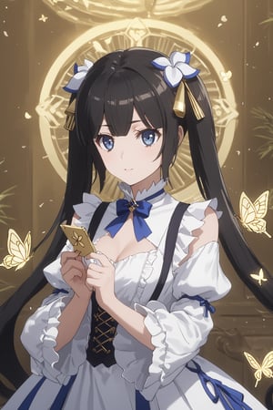 masterpiece, best quality, highres
,//Character, 
1girl,hestia, black hair, blue eyes,
twin tails/long hair, hair ornament
,//Fashion, 

,//Background, 
,//Others, ,Expressiveh, 
A mysterious girl with golden hair and eyes, holding an ornate golden butterfly in her palm, surrounded by floating text and numbers.