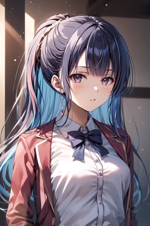 masterpiece, best quality, 8k, 8k UHD, ultra-high resolution, ultra-high definition, highres, cinematic lighting
,//Character, 
1girl, solo, yuki himeno, long hair, bangs, ponytail, multicolored hair, black hair, blue hair, purple eyes, blunt bangs, pink eyes, white shirt, red jacket, bowtie, pleated_skirt
,//Fashion, 
,//Background, 
,//Others, ,Expressiveh