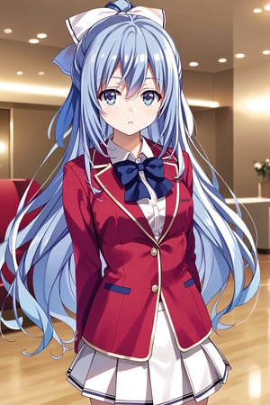 masterpiece, best quality, 8k, 8k UHD, ultra-high resolution, ultra-high definition, highres, cinematic lighting
,//Character, 
1girl, solo, hiyori shiina, 1girl, long hair, very long hair, blue eyes, hair ribbon, ribbon, blue hair, hair bow, hair between eyes
,//Fashion, 
white shirt, red jacket, bowtie, pleated_skirt
,//Background, 
,//Others, ,Expressiveh