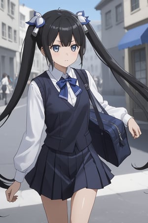masterpiece, best quality, highres
,//Character, 
1girl,hestia, black hair, blue eyes,
twin tails/long hair, hair ornament
,//Fashion, 

,//Background, 
,//Others, ,Expressiveh, 
A girl in a slightly oversized school uniform, caught in a sudden gust of wind.