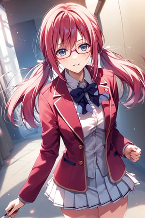 masterpiece, best quality, 8k, 8k UHD, ultra-high resolution, ultra-high definition, highres, cinematic lighting
,//Character, 
1girl, solo, airi sakura, glasses, very long hair, blue eyes, twintails, red hair, low twintails, pink hairwhite shirt, red jacket, bowtie, pleated_skirt
,//Fashion, 
,//Background, 
,//Others, ,Expressiveh