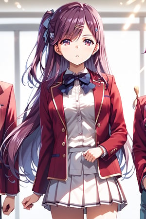 masterpiece, best quality, 8k, 8k UHD, ultra-high resolution, ultra-high definition, highres, cinematic lighting
,//Character, 
1girl, solo, masumi kamuro, 1girl, long hair, hairclip, hair ornament, purple eyes, one side up, purple hair, ribbon, hair ribbon, very long hair
,//Fashion, 
white shirt, red jacket, bowtie, pleated_skirt
,//Background, 
,//Others, ,Expressiveh