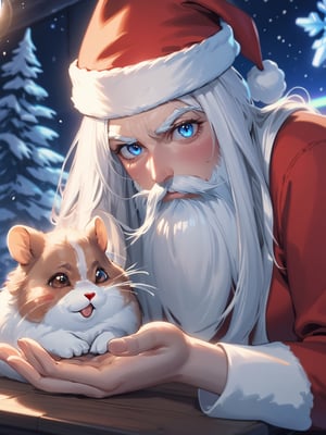 ultra realistic 8k cg, cinematic lighting, cool face, cool eyes, Santa playing with a hamster, sloppy face,shigure \(blue archive\)