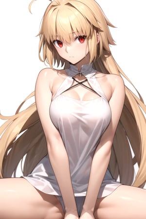 //Quality,
masterpiece, best quality
,//Character,
1girl, solo
,//Fashion, 
,//Background,
white_background
,//Others,
,spread legs, 
,arcueid, blonde hair, red eyes, long hair, very long hair, bangs, ahoge, sidelocks