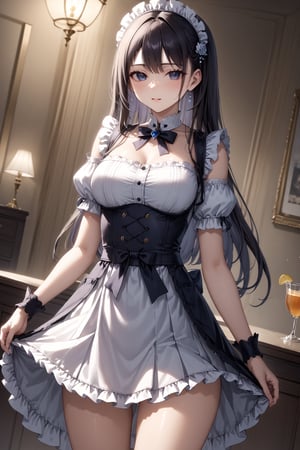 masterpiece, best quality, 8k, 8k UHD, ultra-high resolution, ultra-high definition, highres, cinematic lighting
,//Character, 
1girl, solo
,//Fashion, 
,//Background, 
,//Others, ,Expressiveh, hentai, 
A girl in a maid uniform serving tea to skeletal overlords in an opulent meeting room.