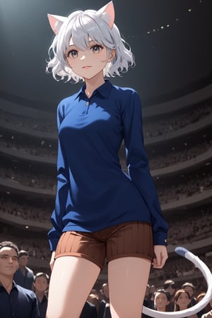 masterpiece, best quality, 8k, 8k UHD, ultra-high resolution, ultra-high definition, highres, cinematic lighting
,//Character, 
1girl, solo, ,hxhpitou, white hair, short hair, wavy hair, cat ears, cat tail
,//Fashion, 
long sleeves, blue shirt, brown shorts, socks, shoes
,//Background, 
,//Others, ,Expressiveh,
A woman conductor leading an orchestra in an amphitheater carved into a cliff face.