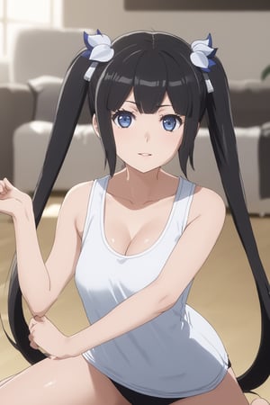 masterpiece, best quality, highres
,//Character, 
1girl,hestia, black hair, blue eyes,
twin tails/long hair, hair ornament
,//Fashion, 

,//Background, 
,//Others, ,Expressiveh, 
A girl stretching after a run, her sportswear accentuating her fitness.
