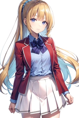 //Quality,
masterpiece, best quality
,//Character,
1girl, solo
,//Fashion,
,//Background,
white_background, simple_background
,//Others,
,KeiKaruizawa, hair scrunchie, school uniform, blue shirt, bowtie, white skirt, red jacket, open jacket, full_body