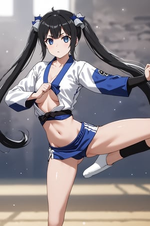 masterpiece, best quality, highres
,//Character, 
1girl,hestia, black hair, blue eyes,
twin tails/long hair, hair ornament
,//Fashion, 

,//Background, 
,//Others, ,Expressiveh, 
A martial artist mid-kick, her gi revealing a glimpse of athletic physique.