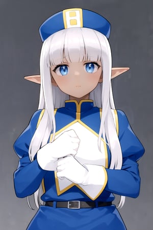 masterpiece, best quality
,//Character,
1girl, solo
,//Fashion, 
,//Background,
white_background, simple_background, blank_background
,//Others,
,Karla (kono healer mendokusai), white_hair, dark skin, dark-skinned female, blue headwear, leather_belt, blue_pants, tunic, blue_tunic, stole, blue_sleeves, white_gloves, blue_eyes, elf_ears, straight_hair, hime_cut, and blunt_bangs