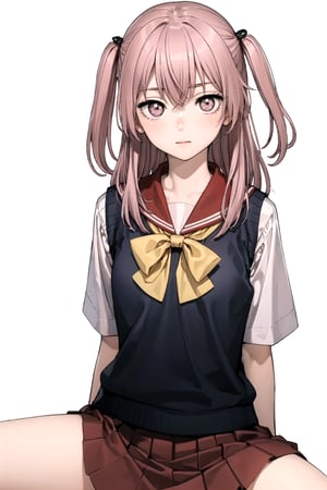 //Quality,
masterpiece, best quality
,//Character,
1girl, solo
,//Fashion, 
,//Background,
white_background
,//Others,
,spread legs, 
,inui sajuna juju,pink hair, pink eyes, long hair, two side up,school uniform, sweater vest, black vest, red sailor collar, red skirt, yellow bow