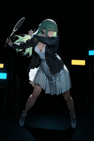 masterpiece, best quality, 8k, 8k UHD, ultra-high resolution, ultra-high definition, highres, cinematic lighting
,//Character, 
1girl, solo, yellow eyes, green hair, long hair, straight hair
,//Fashion, 
shirt, jacket, blazer, skirt, white skirt, cleavage
,//Background, 
,//Others, ,Expressiveh,
holding tennis racket