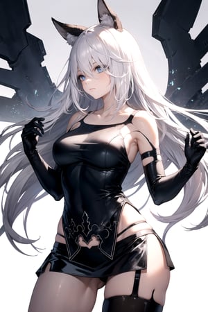 //Quality,
masterpiece, best quality
,//Character,
1girl, solo
,//Fashion,
,//Background,
white_background, simple_background, blank_background
,//Others,
,phSaber, ,a2_nierautomata, gloves, black gloves, elbow gloves, mole, tank top, hair between eyes, white hair, cowboy_shot