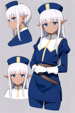 masterpiece, best quality
,//Character,
1girl, solo
,//Fashion, 
,//Background,
white_background, simple_background, blank_background
,//Others,
,Karla (kono healer mendokusai), white_hair, dark skin, dark-skinned female, blue headwear, leather_belt, blue_pants, tunic, blue_tunic, stole, blue_sleeves, white_gloves, blue_eyes, elf_ears, straight_hair, hime_cut, and blunt_bangs, full_body