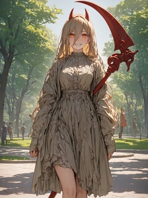 //Quality,
masterpiece, 8k, 8k UHD, best quality
,//Character,
1girl, solo
,//Fashion,
,//Background,
park
,//Others,
,powerdef, sharp teeth, grin, holding scythe, red scythe, cross-shaped pupils