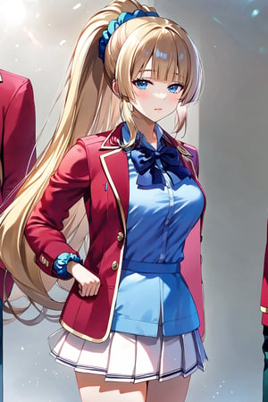 masterpiece, best quality, 8k, 8k UHD, ultra-high resolution, ultra-high definition, highres, cinematic lighting
,//Character, 
1girl, solo, long hair, scrunchie, hair scrunchie, very long hair, blue eyes, ponytail, bangshigh ponytail, blue scrunchie, brown hair, blonde hair, blunt bangsblue shirt, red jacket, bowtie, pleated_skirt
,//Fashion, 
,//Background, 
,//Others, ,Expressiveh