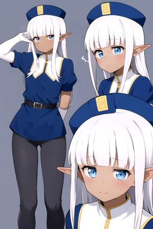 masterpiece, best quality
,//Character,
1girl, solo
,//Fashion, 
,//Background,
white_background, simple_background, blank_background
,//Others,
,Karla (kono healer mendokusai), white_hair, dark skin, dark-skinned female, blue headwear, leather_belt, blue_pants, tunic, blue_tunic, stole, blue_sleeves, white_gloves, blue_eyes, elf_ears, straight_hair, hime_cut, and blunt_bangs