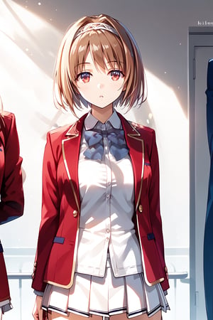 masterpiece, best quality, 8k, 8k UHD, ultra-high resolution, ultra-high definition, highres, cinematic lighting
,//Character, 
1girl, solo, kikyo kushida, 1girl, brown hair, short hair, hairband, hair intakes, red eyes
,//Fashion, 
white shirt, red jacket, bowtie, pleated_skirt
,//Background, 
,//Others, ,Expressiveh