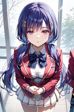 masterpiece, best quality, 8k, 8k UHD, ultra-high resolution, ultra-high definition, highres, cinematic lighting
,//Character, 
1girl, solo, ai morishita, hair ornament, long hair, purple eyes, bangs, hairclip, purple hair, blue hair, twintails, low twintails, x hair ornament, white shirt, red jacket, bowtie, pleated_skirt
,//Fashion, 
,//Background, 
,//Others, ,Expressiveh