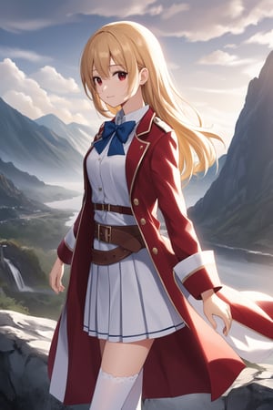 score_9,score_8_up,score_7_up,score_6_up, source_anime, masterpiece, best quality, 8k, 8k UHD, ultra-high resolution, ultra-high definition, highres, cinematic lighting
,//Character, 
1girl, solo,Terakomari, long hair, blonde hair, red eyes, ahoge
,//Fashion, 
red coat, belt buckle, blue bowtie, long sleeves, white skirt, bow, white thighhighs, garter straps
,//Background, 
,//Others, ,Expressiveh,
The girl climbing a steep, rocky cliff face. Her dress is slightly torn, and her hair is windswept. She's reaching for a handhold, determination evident on her face. Dark storm clouds gather in the background, adding drama to the scene.