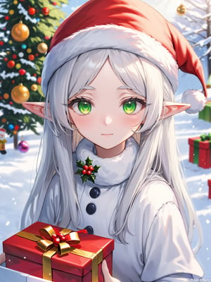 //Quality,
photo r3al, detailmaster2, masterpiece, photorealistic, 8k, 8k UHD, best quality, ultra realistic, ultra detailed, hyperdetailed photography, real photo, photorealistic, 8k, 
//Character,
cool snowman, realistic eyes, detailed face, upper body, facing viewer, (closeup), frieren, white hair, green eyes, long hair, pointy ears, parted bangs, 
//Fashion,
santa_hat, 
//Background,
winter, outdoor, daylight, 
//Others,
,(christmas gift:1.5),