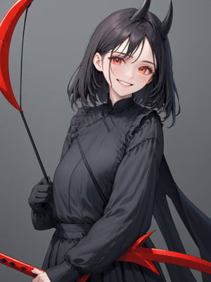 //Quality,
photo r3al, detailmaster2, masterpiece, photorealistic, 8k, 8k UHD, best quality, ultra realistic, ultra detailed, hyperdetailed photography, real photo
,//Character,
1girl, solo
,//Fashion,
,//Background,
,//Others,
,powerdef, sharp teeth, grin, holding scythe, red scythe, cross-shaped pupils