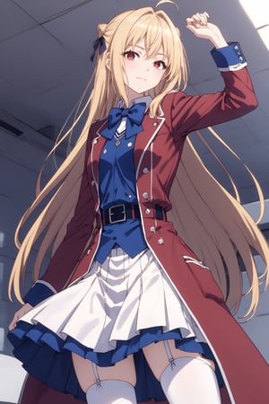 score_9,score_8_up,score_7_up,score_6_up, source_anime, masterpiece, best quality, 8k, 8k UHD, ultra-high resolution, ultra-high definition, highres, cinematic lighting
,//Character, 
1girl, solo,Terakomari, long hair, blonde hair, red eyes, ahoge
,//Fashion, 
red coat, belt buckle, blue bowtie, long sleeves, white skirt, bow, white thighhighs, garter straps
,//Background, 
,//Others, ,Expressiveh,
A girl in a slightly oversized school uniform, caught in a sudden gust of wind.