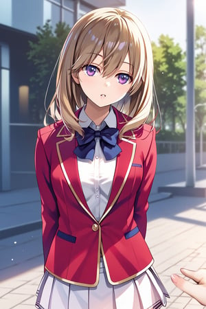 masterpiece, best quality, 8k, 8k UHD, ultra-high resolution, ultra-high definition, highres, cinematic lighting
,//Character, 
1girl, solo, sakurako tsubaki, purple eyes, bangs, long hair, parted lips, hair between eyes, medium hair
,//Fashion, 
white shirt, red jacket, bowtie, pleated_skirt
,//Background, 
,//Others, ,Expressiveh