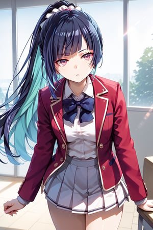 masterpiece, best quality, 8k, 8k UHD, ultra-high resolution, ultra-high definition, highres, cinematic lighting
,//Character, 
1girl, solo, yuki himeno, long hair, bangs, ponytail, multicolored hair, black hair, blue hair, purple eyes, blunt bangs, pink eyes, white shirt, red jacket, bowtie, pleated_skirt
,//Fashion, 
,//Background, 
,//Others, ,Expressiveh