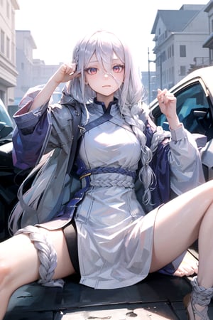 //Quality,
masterpiece, best quality
,//Character,
1girl, solo
,//Fashion, 
,//Background,
white_background
,//Others,
,spread legs, 
,Shiraori, (white hair, long hair, white colored hair, hair between eyes, braid, long singular braid:1.2)
