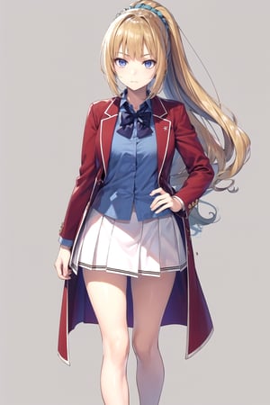 //Quality,
masterpiece, best quality
,//Character,
1girl, solo
,//Fashion,
,//Background,
white_background, simple_background
,//Others,
,KeiKaruizawa, hair scrunchie, school uniform, blue shirt, bowtie, white skirt, red jacket, open jacket, full_body