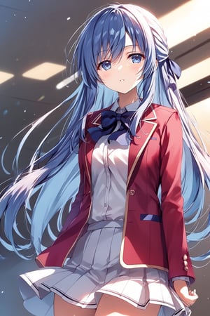 masterpiece, best quality, 8k, 8k UHD, ultra-high resolution, ultra-high definition, highres, cinematic lighting
,//Character, 
1girl, solo, hiyori shiina, 1girl, long hair, very long hair, blue eyes, hair ribbon, ribbon, blue hair, hair bow, hair between eyes
,//Fashion, 
white shirt, red jacket, bowtie, pleated_skirt
,//Background, 
,//Others, ,Expressiveh