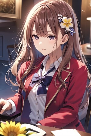 masterpiece, best quality, 8k, 8k UHD, ultra-high resolution, ultra-high definition, highres, cinematic lighting
,//Character, 
1girl, solo, nazuna asahina, hair ornament, hairclip, flower, long hair, brown hair, purple eyes, hair flower, yellow flower, bangs, swept bangs
,//Fashion, 
white shirt, red jacket, bowtie, pleated_skirt
,//Background, 
,//Others, ,Expressiveh