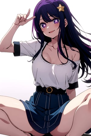 //Quality,
masterpiece, best quality
,//Character,
1girl, solo
,//Fashion, 
,//Background,
white_background
,//Others,
,spread legs, 
,hoshino_ai_oshinoko, long_hair, purple_eyes, purple_hair, bangs, smile, symbol-shaped_pupils, multicolored_hair, star-shaped_pupils, 1girl, collarbone, hair_ornament, symbol shaped_pupils