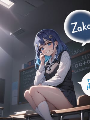 illustration, school uniform, grin, a hand cover mouth, opened clothes, foot, low angle, moody lighting, atmospheric, black background, cowboy shot, sit on desk in class room, 
 (speech bubble “Za-ko” text:1.2 ), looking down with half an eye,blue hair,Text
