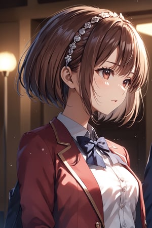 masterpiece, best quality, 8k, 8k UHD, ultra-high resolution, ultra-high definition, highres, cinematic lighting
,//Character, 
1girl, solo, kikyo kushida, 1girl, brown hair, short hair, hairband, hair intakes, red eyes
,//Fashion, 
white shirt, red jacket, bowtie, pleated_skirt
,//Background, 
,//Others, ,Expressiveh