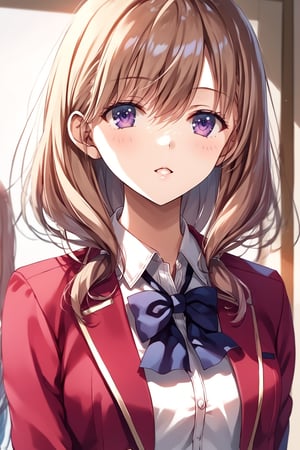 masterpiece, best quality, 8k, 8k UHD, ultra-high resolution, ultra-high definition, highres, cinematic lighting
,//Character, 
1girl, solo, sakurako tsubaki, purple eyes, bangs, long hair, parted lips, hair between eyes, medium hair
,//Fashion, 
white shirt, red jacket, bowtie, pleated_skirt
,//Background, 
,//Others, ,Expressiveh