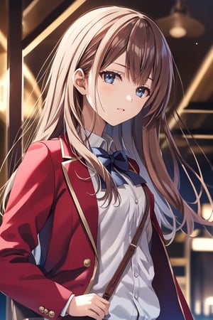 masterpiece, best quality, 8k, 8k UHD, ultra-high resolution, ultra-high definition, highres, cinematic lighting
,//Character, 
1girl, solo, chiaki matsushita, 1girl, brown hair, long hair, blue eyes, bangs, very long hair
,//Fashion, 
white shirt, red jacket, bowtie, pleated_skirt
,//Background, 
,//Others, ,Expressiveh