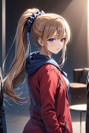 masterpiece, best quality, 8k, 8k UHD, ultra-high resolution, ultra-high definition, highres, cinematic lighting
,//Character, 
1girl, solo, long hair, scrunchie, hair scrunchie, very long hair, blue eyes, ponytail, bangshigh ponytail, blue scrunchie, brown hair, blonde hair, blunt bangsblue shirt, red jacket, bowtie
,//Fashion, 
,//Background, 
,//Others, ,Expressiveh