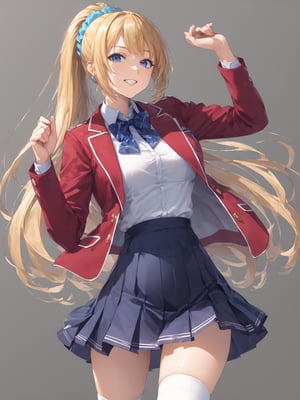 //Quality, masterpiece, best quality, detailmaster2, 8k, 8k UHD, ultra-high resolution, ultra-high definition, highres,
//Character, 1girl, solo, ,
//Fashion,
//Background, white_background,
//Others, ,KaruizawaKei, blue eyes, blonde hair, ponytail, bangs, breasts, hair ornament,
school uniform, red jacket, open jacket, hair scrunchie, bowtie, white skirt, pleated skirt, kneehighs, white socks, shoes,Expressiveh concept art