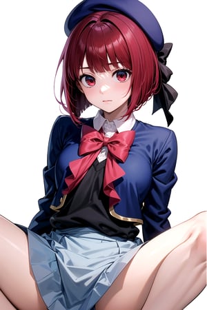 //Quality,
masterpiece, best quality
,//Character,
1girl, solo
,//Fashion, 
,//Background,
white_background
,//Others,
,spread legs, 
,aakana, short hair, beret, red eyes, blue headwear, red bowtie, collared shirt, blue jacket, open jacket, long sleeves, grey skirt
