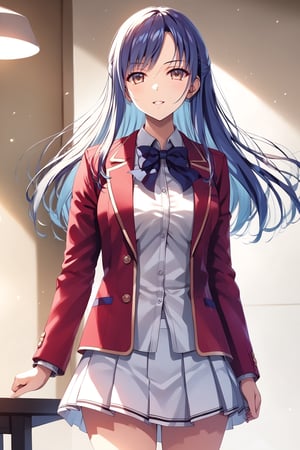 masterpiece, best quality, 8k, 8k UHD, ultra-high resolution, ultra-high definition, highres, cinematic lighting
,//Character, 
1girl, solo, haruka hasebe, 1girl, blue hair, long hair, mole, mole under eye, brown eyes
,//Fashion, 
white shirt, red jacket, bowtie, pleated_skirt
,//Background, 
,//Others, ,Expressiveh