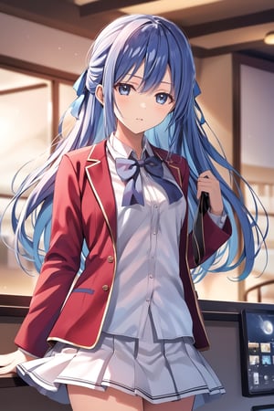 masterpiece, best quality, 8k, 8k UHD, ultra-high resolution, ultra-high definition, highres, cinematic lighting
,//Character, 
1girl, solo, hiyori shiina, 1girl, long hair, very long hair, blue eyes, hair ribbon, ribbon, blue hair, hair bow, hair between eyes
,//Fashion, 
white shirt, red jacket, bowtie, pleated_skirt
,//Background, 
,//Others, ,Expressiveh