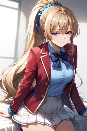 masterpiece, best quality, 8k, 8k UHD, ultra-high resolution, ultra-high definition, highres, cinematic lighting
,//Character, 
1girl, solo, long hair, scrunchie, hair scrunchie, very long hair, blue eyes, ponytail, bangshigh ponytail, blue scrunchie, brown hair, blonde hair, blunt bangsblue shirt, red jacket, bowtie, pleated_skirt
,//Fashion, 
,//Background, 
,//Others, ,Expressiveh